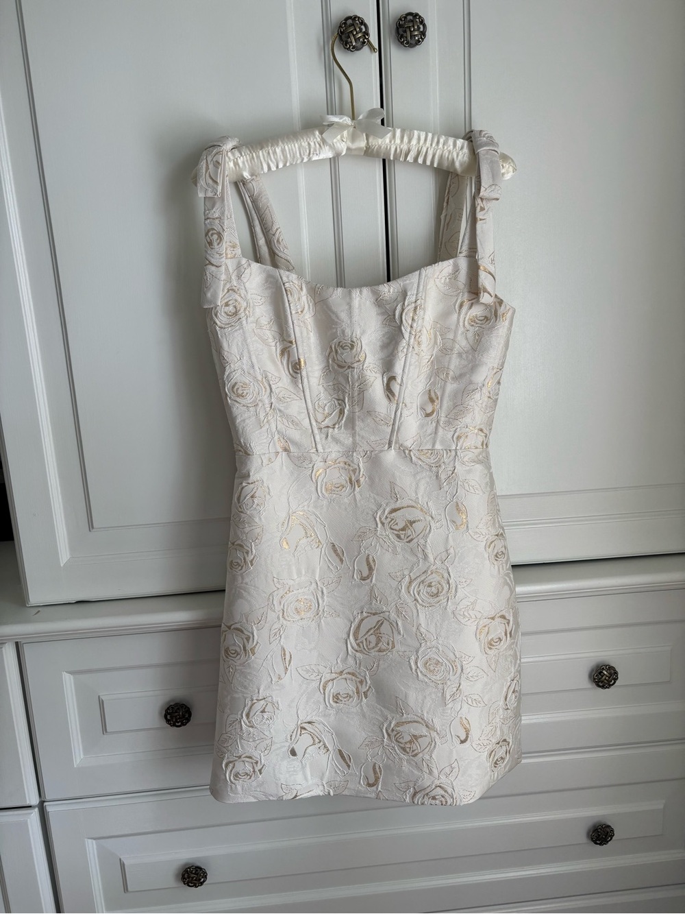 Dessy Collection Ivory and Gold Floral Brocade Cocktail Dress